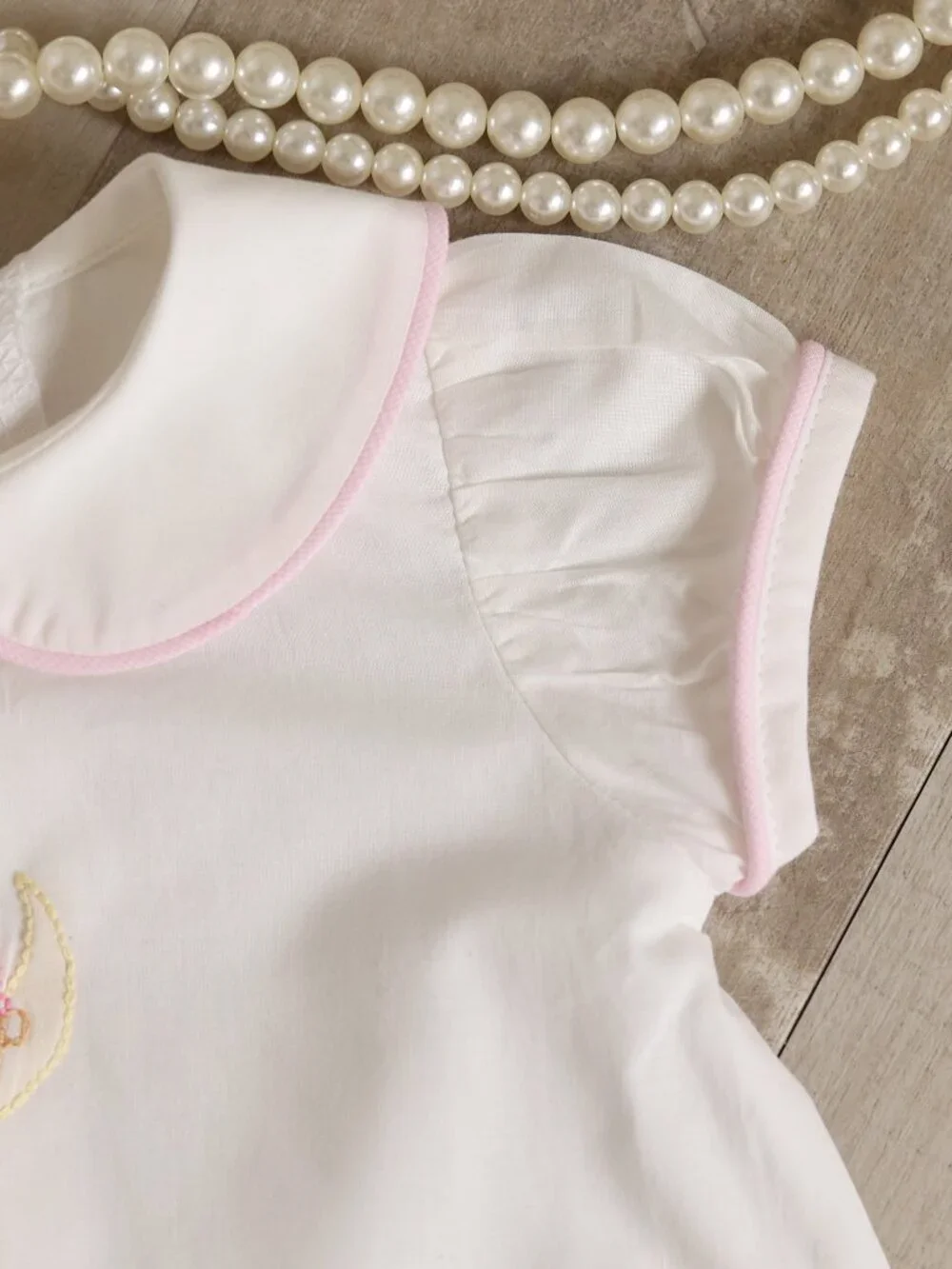 White Cotton Daygown Pink Piping Shadow Embroidery Moon Bear Preemie Coming Home